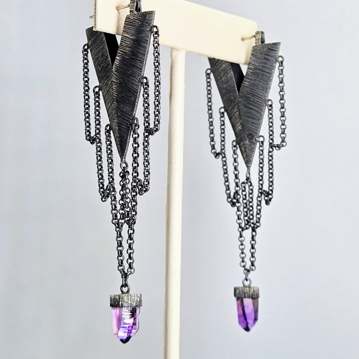 "Chain Gang Jezebels" 3.25" Earrings - Crystals, Oxidized Sterling