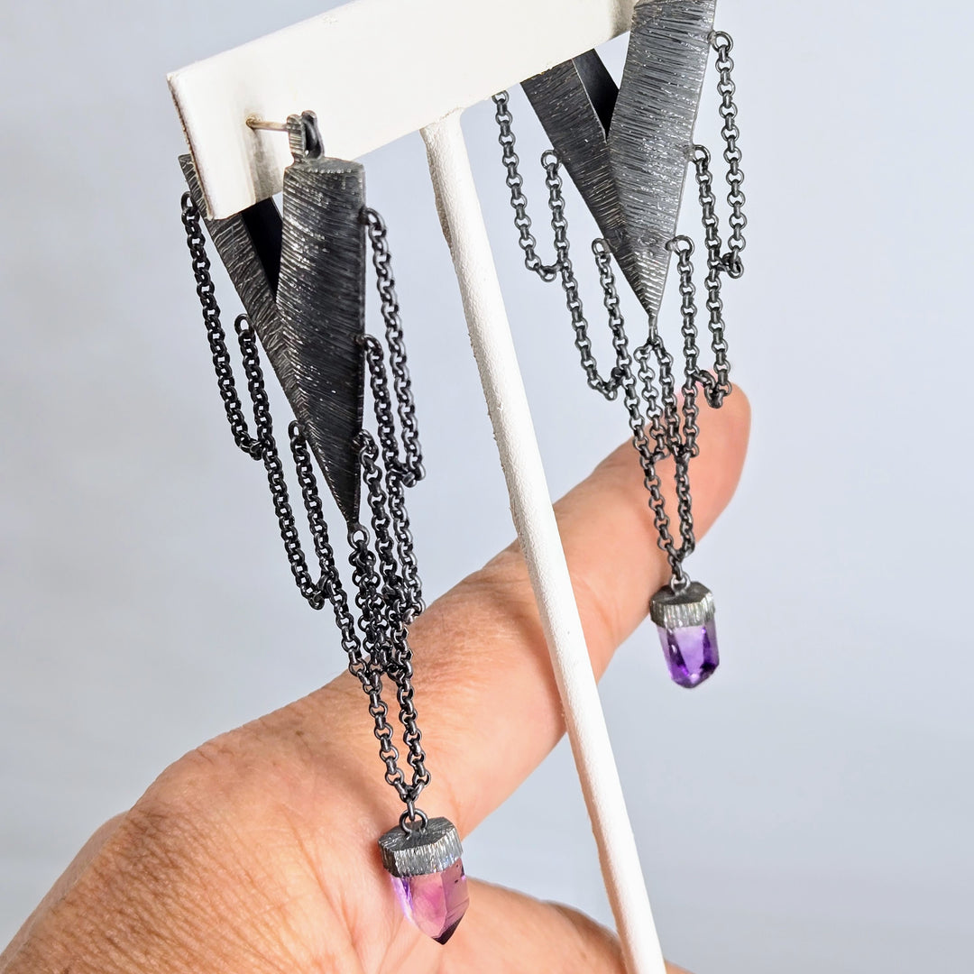 "Chain Gang Jezebels" 3.25" Earrings - Crystals, Oxidized Sterling