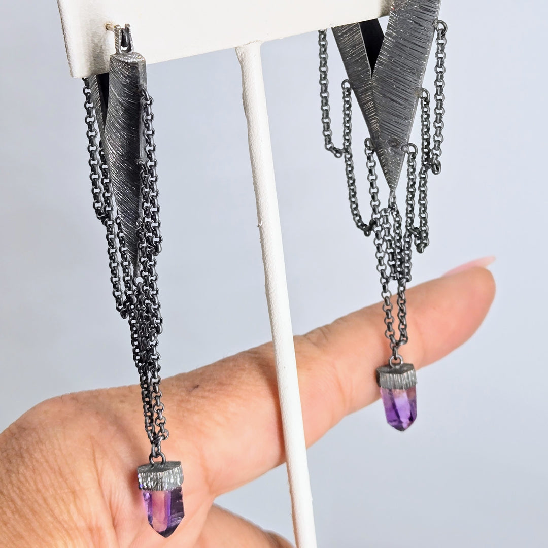 "Chain Gang Jezebels" 3.25" Earrings - Crystals, Oxidized Sterling