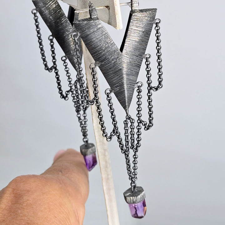 "Chain Gang Jezebels" 3.25" Earrings - Crystals, Oxidized Sterling