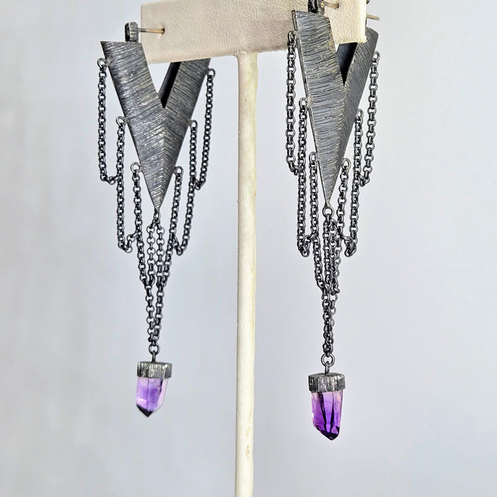 "Chain Gang Jezebels" 3.25" Earrings - Crystals, Oxidized Sterling