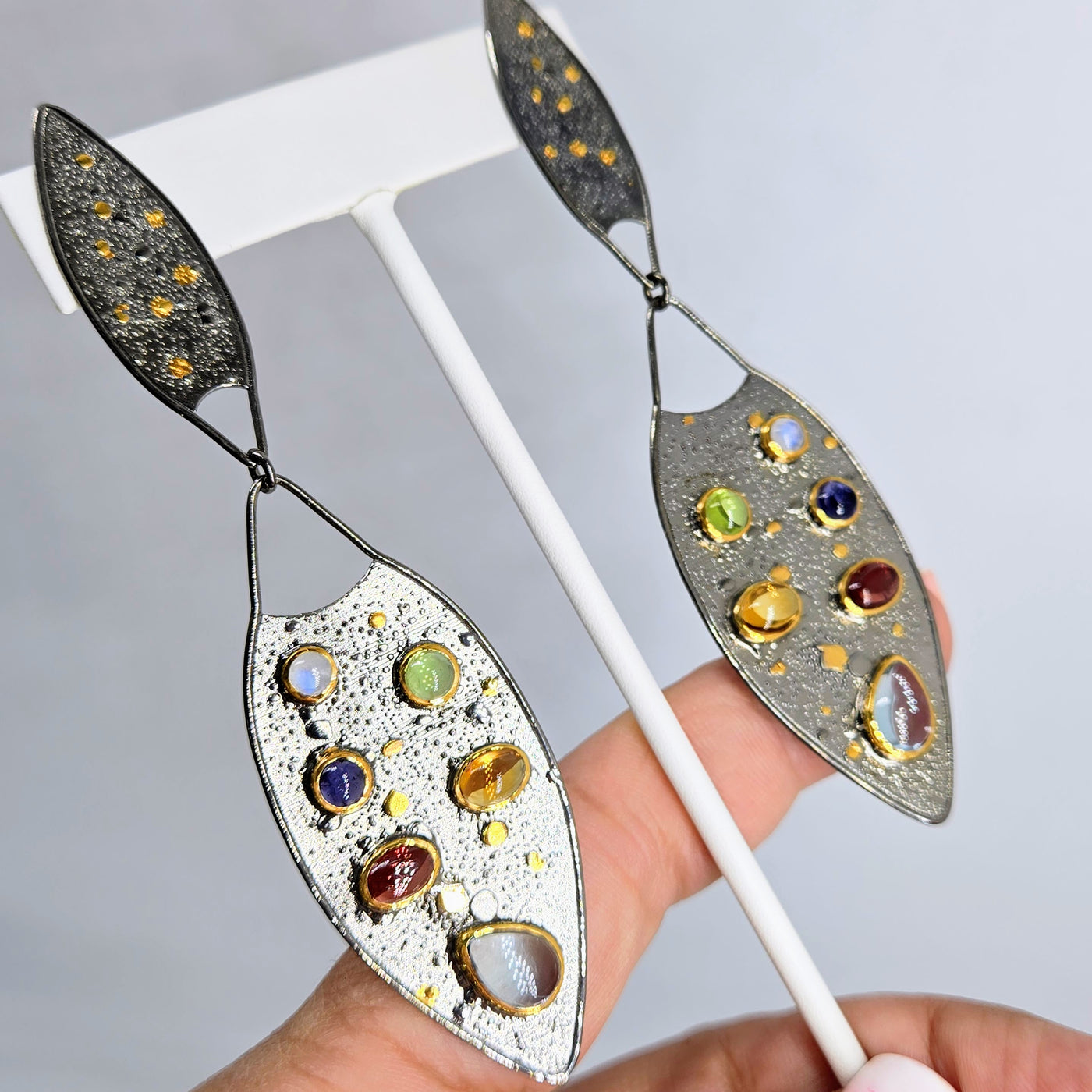 "Everything" 4" Earrings - Moonstone, Tanzanite, Peridot, Garnet, Citrine, Topaz, Black Sterling, 18k Gold Accents