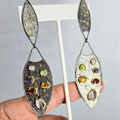 "Everything" 4" Earrings - Moonstone, Tanzanite, Peridot, Garnet, Citrine, Topaz, Black Sterling, 18k Gold Accents