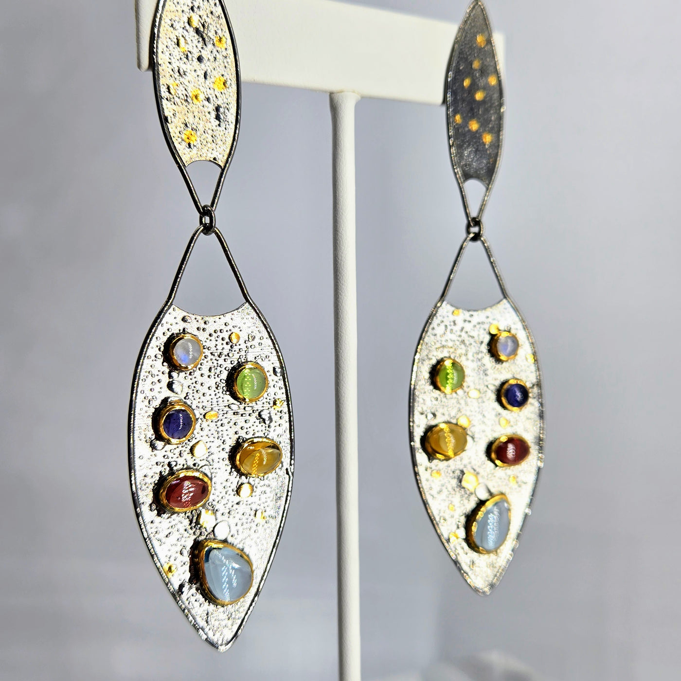 "Everything" 4" Earrings - Moonstone, Tanzanite, Peridot, Garnet, Citrine, Topaz, Black Sterling, 18k Gold Accents