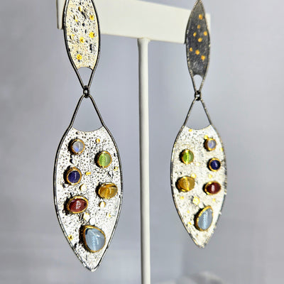 "Everything" 4" Earrings - Moonstone, Tanzanite, Peridot, Garnet, Citrine, Topaz, Black Sterling, 18k Gold Accents