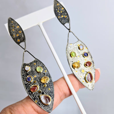 "Everything" 4" Earrings - Moonstone, Tanzanite, Peridot, Garnet, Citrine, Topaz, Black Sterling, 18k Gold Accents