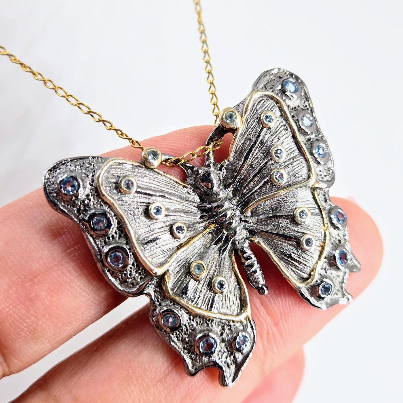"Flutter!" Pendant Necklace - Topaz, Black Sterling, 18k Gold Accents