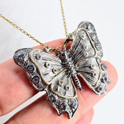 "Flutter!" Pendant Necklace - Topaz, Black Sterling, 18k Gold Accents