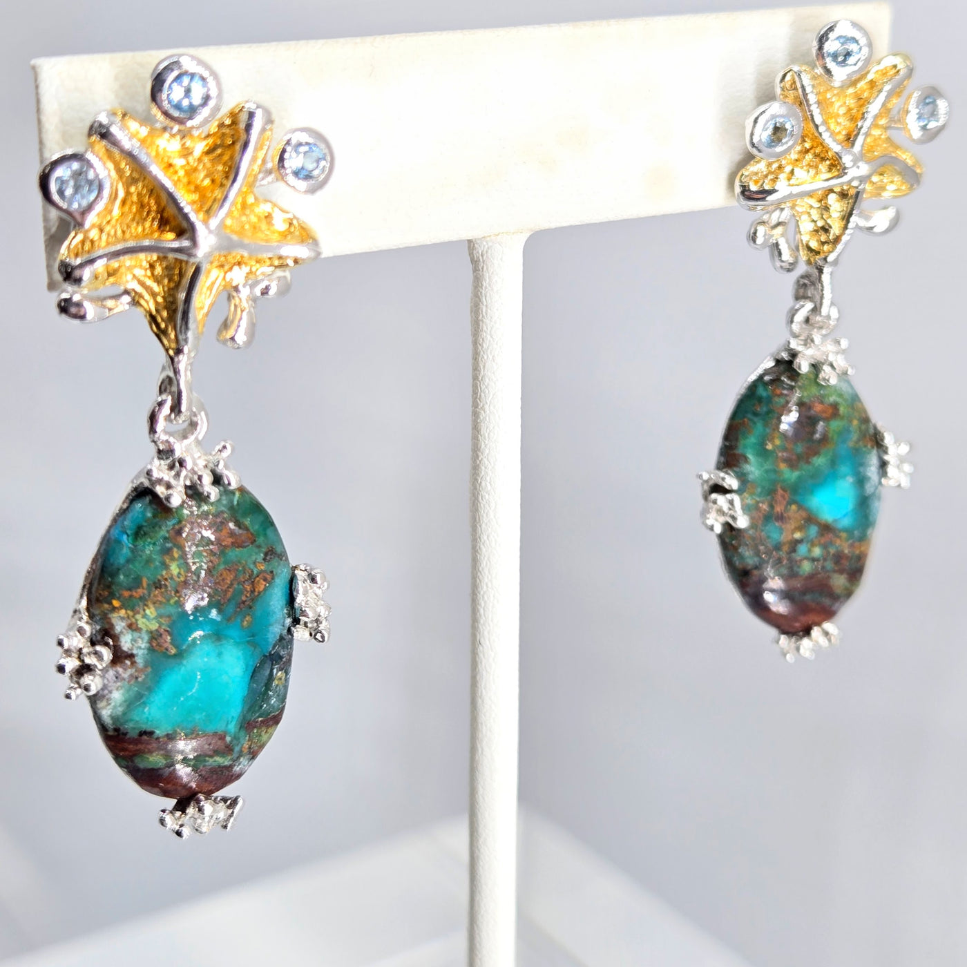 "Tealing Beautiful!" 2" Earrings - Chrysocolla, Topaz, Sterling, 18k Gold