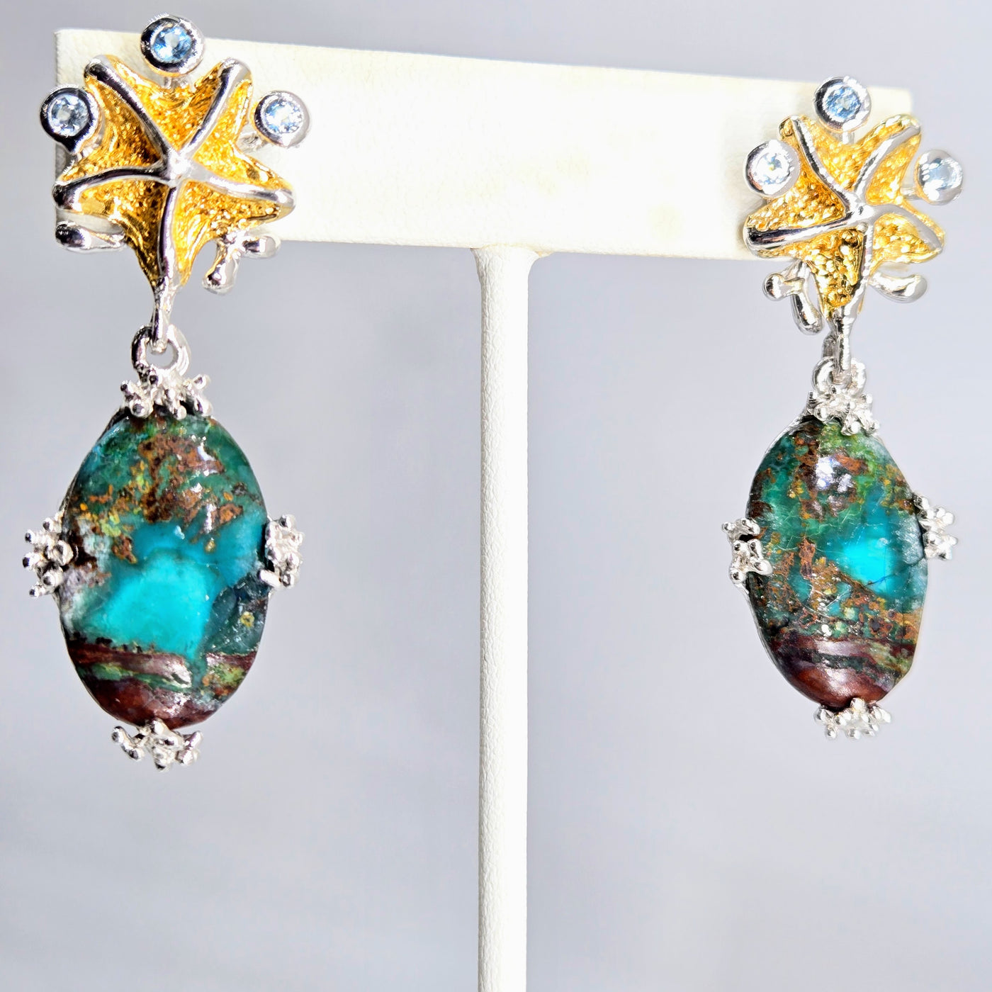 "Tealing Beautiful!" 2" Earrings - Chrysocolla, Topaz, Sterling, 18k Gold