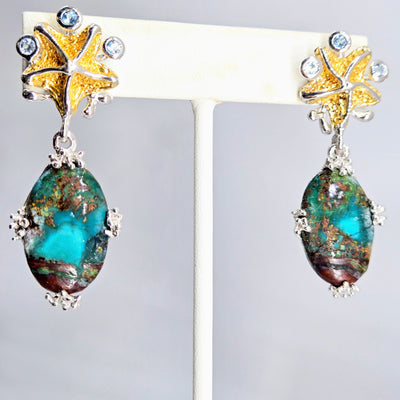 "Tealing Beautiful!" 2" Earrings - Chrysocolla, Topaz, Sterling, 18k Gold