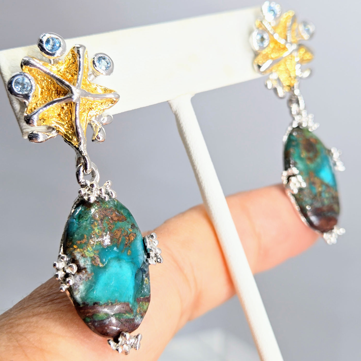 "Tealing Beautiful!" 2" Earrings - Chrysocolla, Topaz, Sterling, 18k Gold