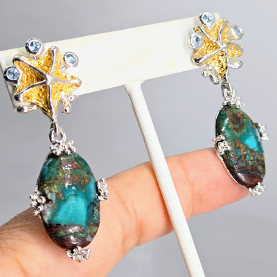 "Tealing Beautiful!" 2" Earrings - Chrysocolla, Topaz, Sterling, 18k Gold