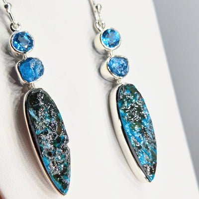 "Teal Away With Me" 2.25" Earrings - Chrysocolla, Topaz, Apatite, Sterling