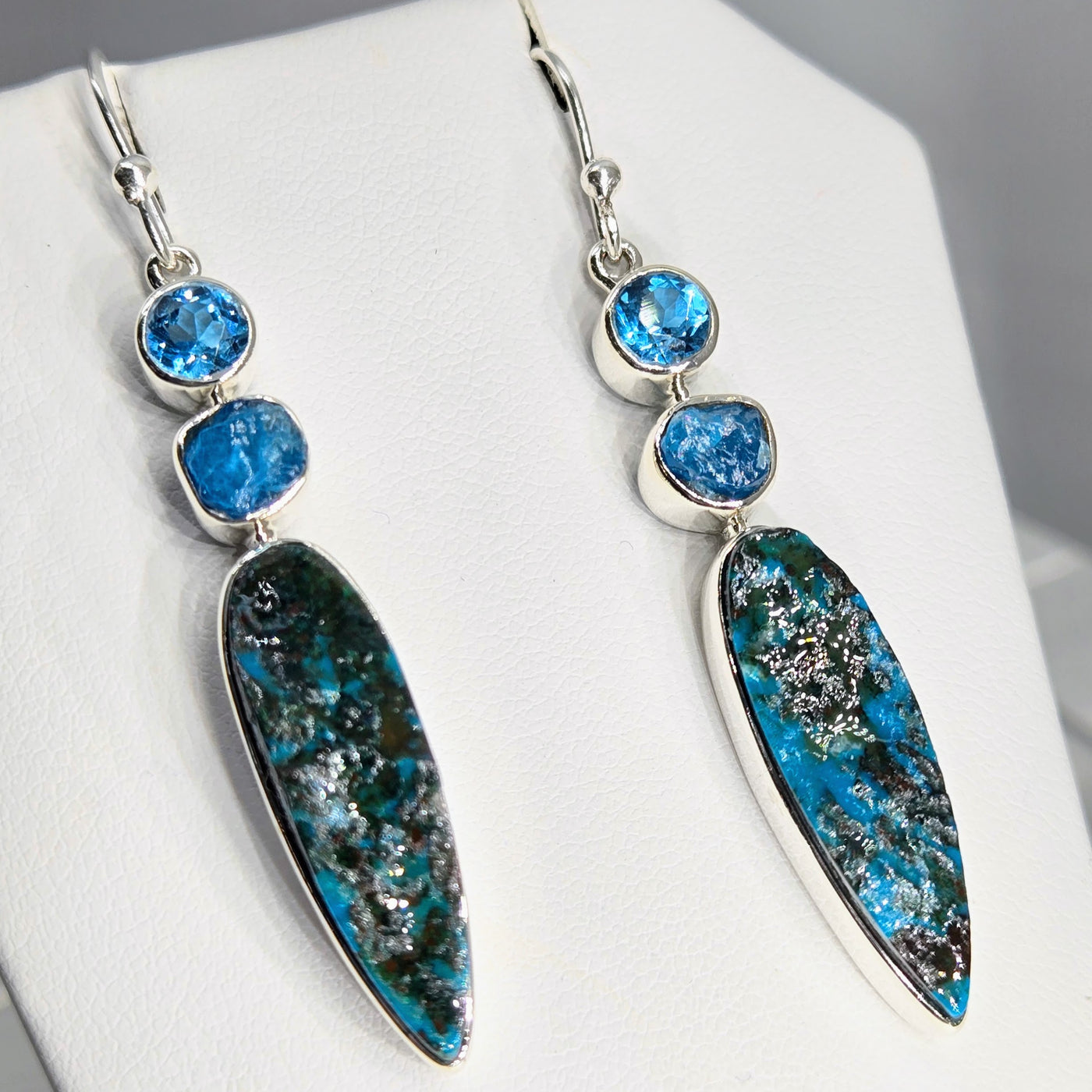 "Teal Away With Me" 2.25" Earrings - Chrysocolla, Topaz, Apatite, Sterling