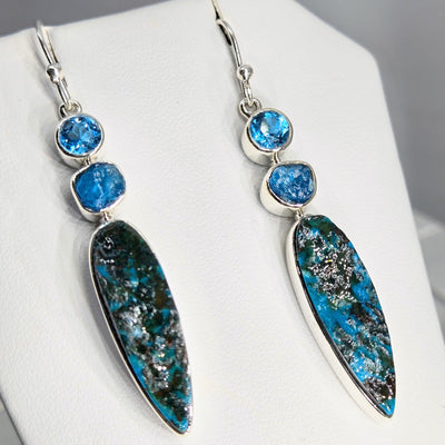 "Teal Away With Me" 2.25" Earrings - Chrysocolla, Topaz, Apatite, Sterling