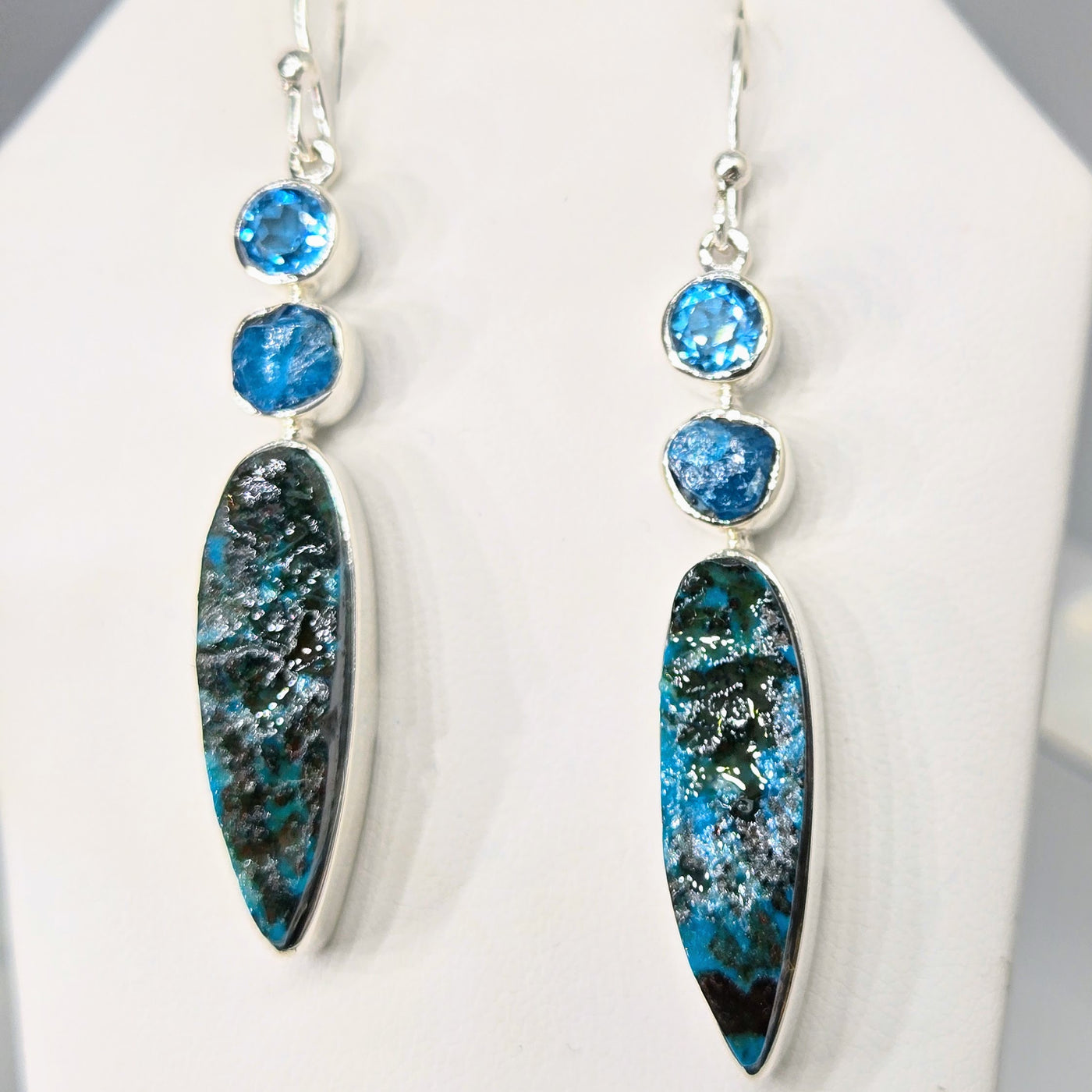 "Teal Away With Me" 2.25" Earrings - Chrysocolla, Topaz, Apatite, Sterling