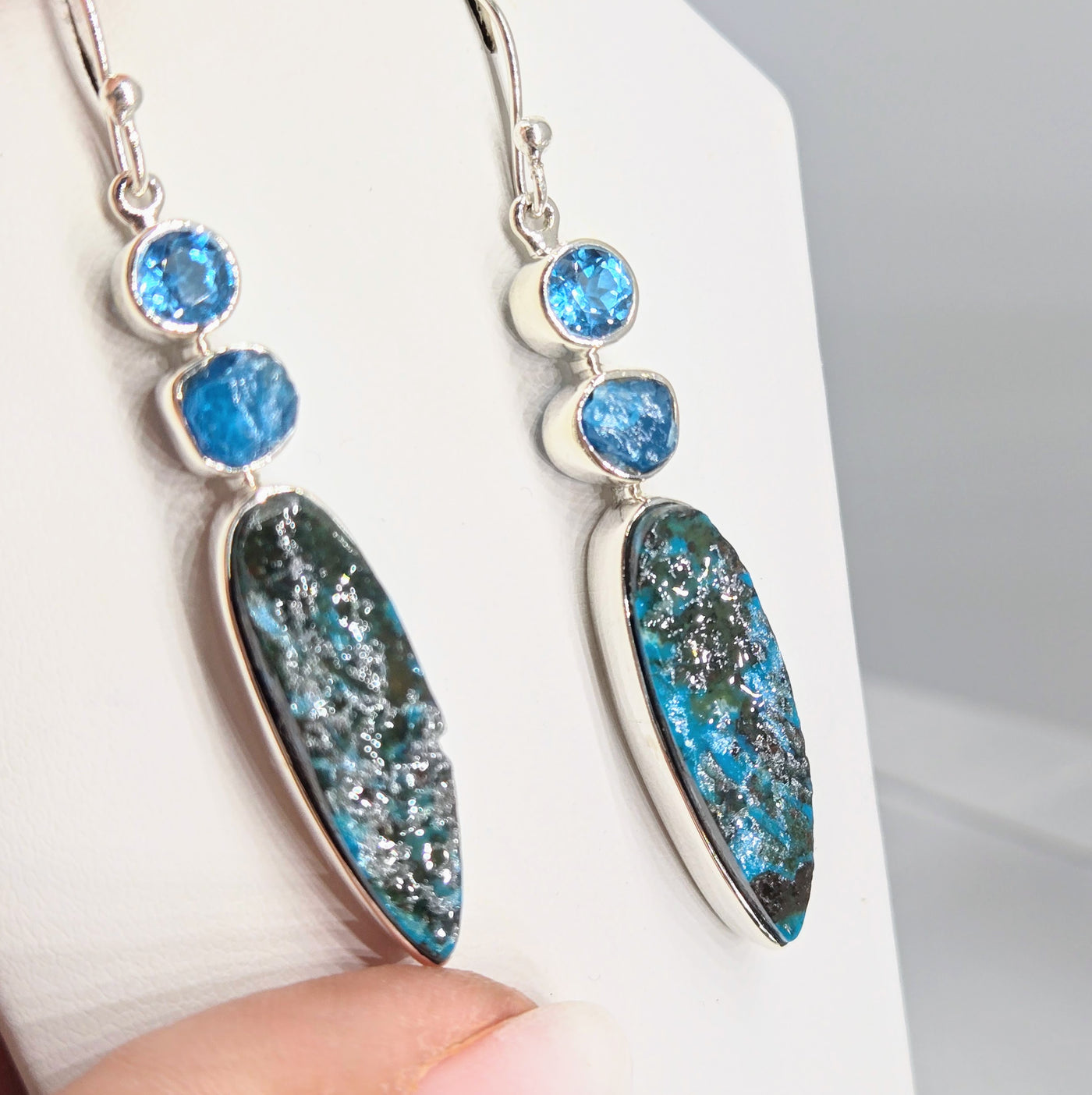 "Teal Away With Me" 2.25" Earrings - Chrysocolla, Topaz, Apatite, Sterling