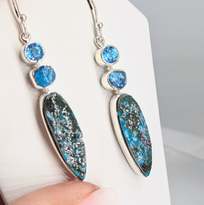 "Teal Away With Me" 2.25" Earrings - Chrysocolla, Topaz, Apatite, Sterling