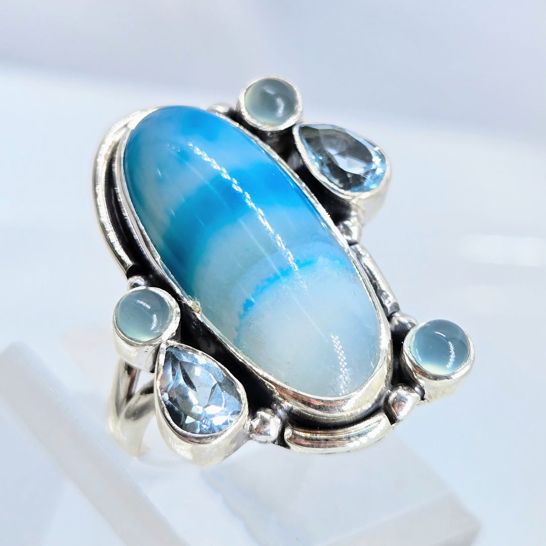 "Shooby Dooby-BLUE!" Sz 8.5 Ring - Agate, Topaz, Chalcedony, Sterling