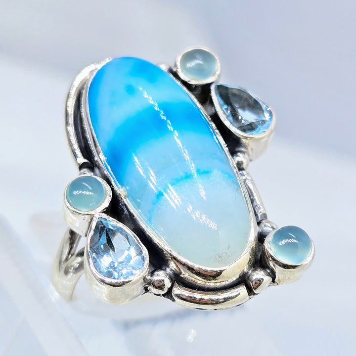 "Shooby Dooby-BLUE!" Sz 8.5 Ring - Agate, Topaz, Chalcedony, Sterling