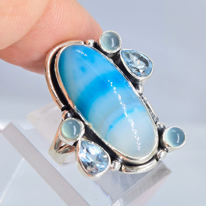 "Shooby Dooby-BLUE!" Sz 8.5 Ring - Agate, Topaz, Chalcedony, Sterling