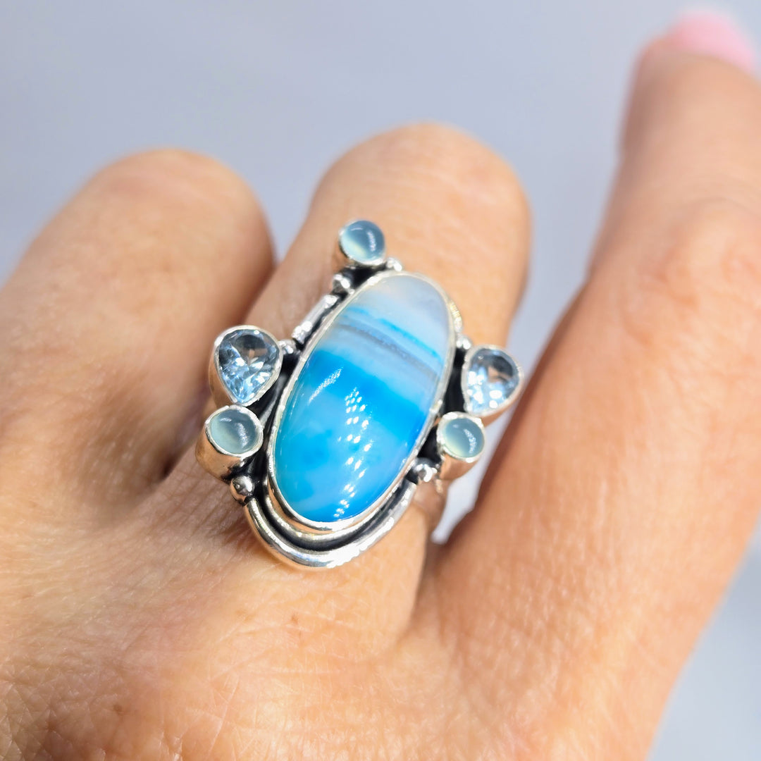 "Shooby Dooby-BLUE!" Sz 8.5 Ring - Agate, Topaz, Chalcedony, Sterling