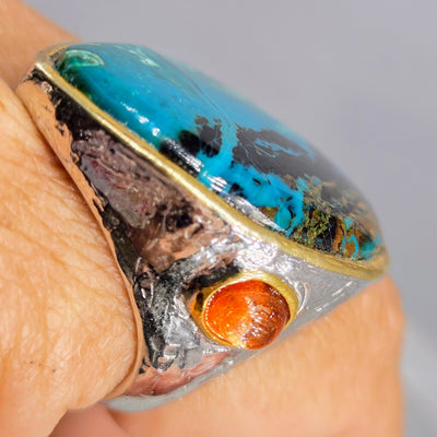 "Magical Morenci" Sz 9 Ring - Morenci Turquoise, Sunstone, Anti-tarnish Sterling, 18k Gold