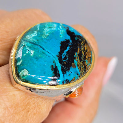"Magical Morenci" Sz 9 Ring - Morenci Turquoise, Sunstone, Anti-tarnish Sterling, 18k Gold