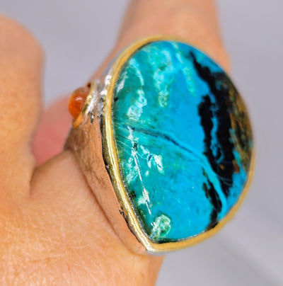 "Magical Morenci" Sz 9 Ring - Morenci Turquoise, Sunstone, Anti-tarnish Sterling, 18k Gold
