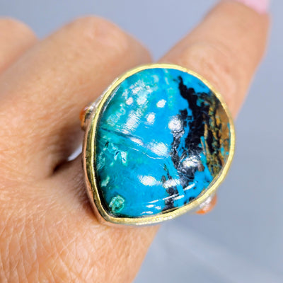"Magical Morenci" Sz 9 Ring - Morenci Turquoise, Sunstone, Anti-tarnish Sterling, 18k Gold
