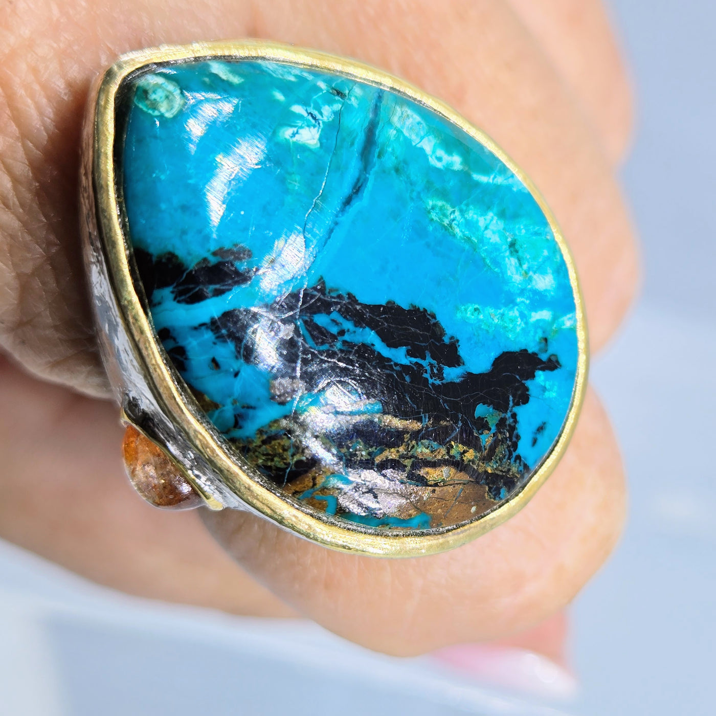 "Magical Morenci" Sz 9 Ring - Morenci Turquoise, Sunstone, Anti-tarnish Sterling, 18k Gold