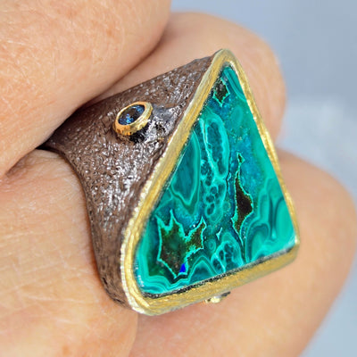 "Triad" Sz 8 Ring - Malachite in Chrysocolla, Topaz, Black Sterling, 18k Gold