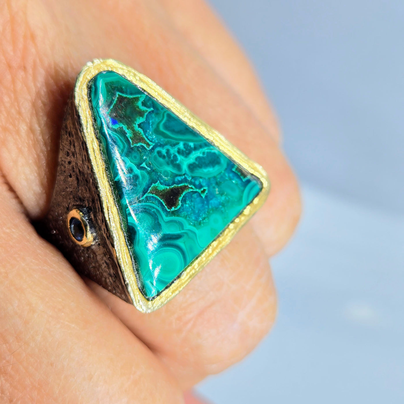 "Triad" Sz 8 Ring - Malachite in Chrysocolla, Topaz, Black Sterling, 18k Gold