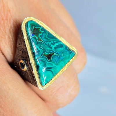 "Triad" Sz 8 Ring - Malachite in Chrysocolla, Topaz, Black Sterling, 18k Gold