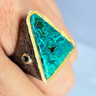 "Triad" Sz 8 Ring - Malachite in Chrysocolla, Topaz, Black Sterling, 18k Gold