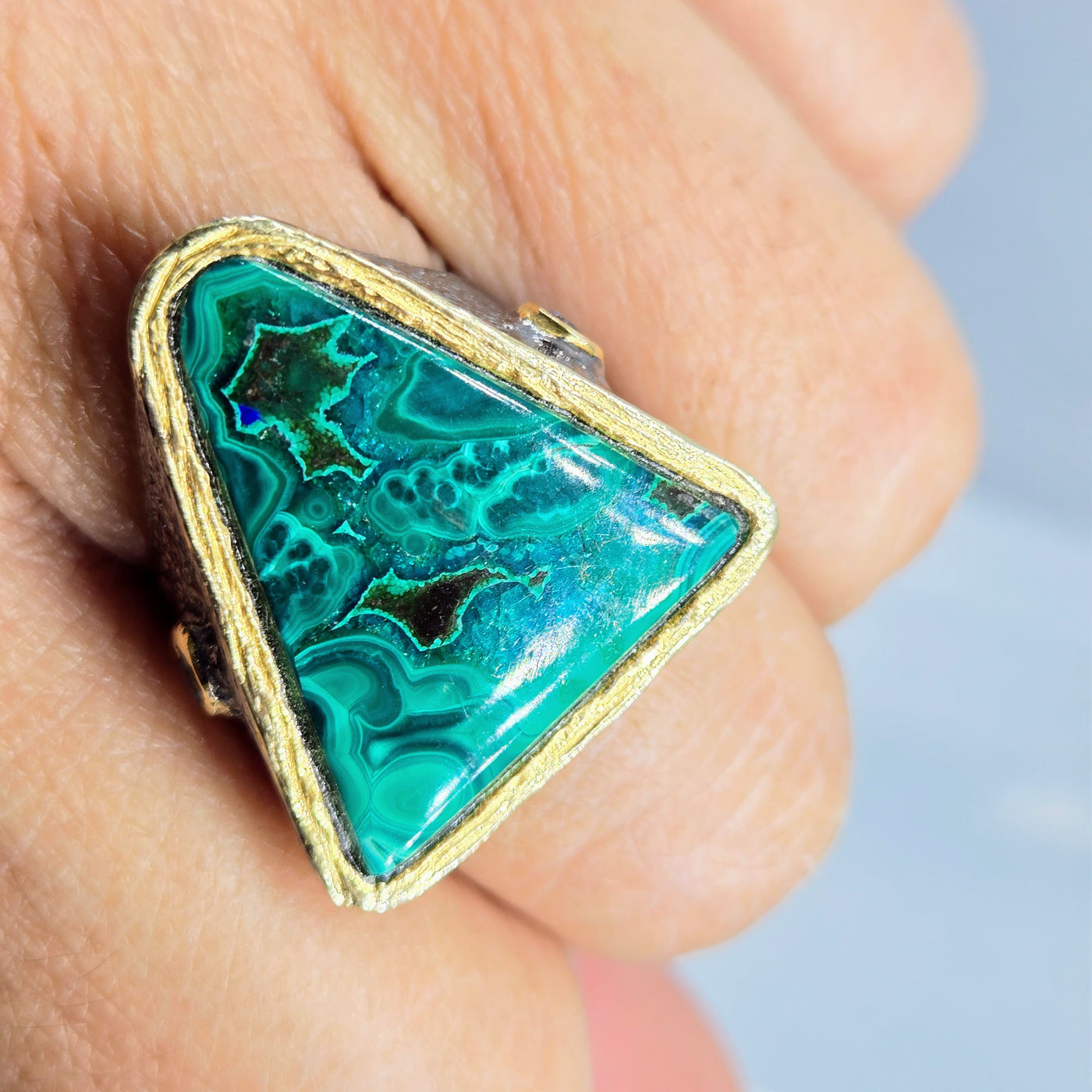 "Triad" Sz 8 Ring - Malachite in Chrysocolla, Topaz, Black Sterling, 18k Gold
