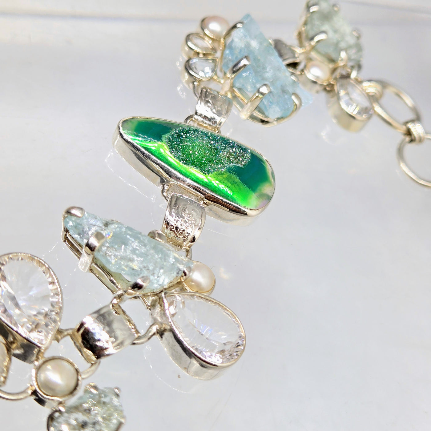 "Tropic Ice" 7" - 8" Bracelet - Druzy, Aquamarine, Topaz, Pearl, Sterling