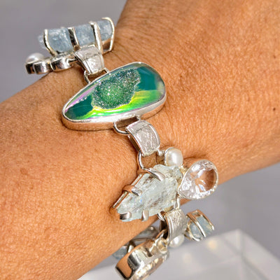 "Tropic Ice" 7" - 8" Bracelet - Druzy, Aquamarine, Topaz, Pearl, Sterling