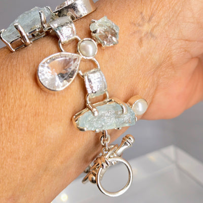 "Tropic Ice" 7" - 8" Bracelet - Druzy, Aquamarine, Topaz, Pearl, Sterling