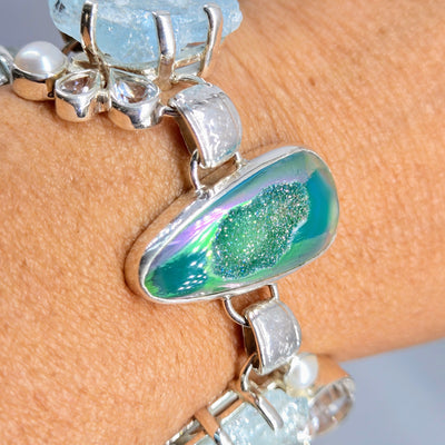 "Tropic Ice" 7" - 8" Bracelet - Druzy, Aquamarine, Topaz, Pearl, Sterling
