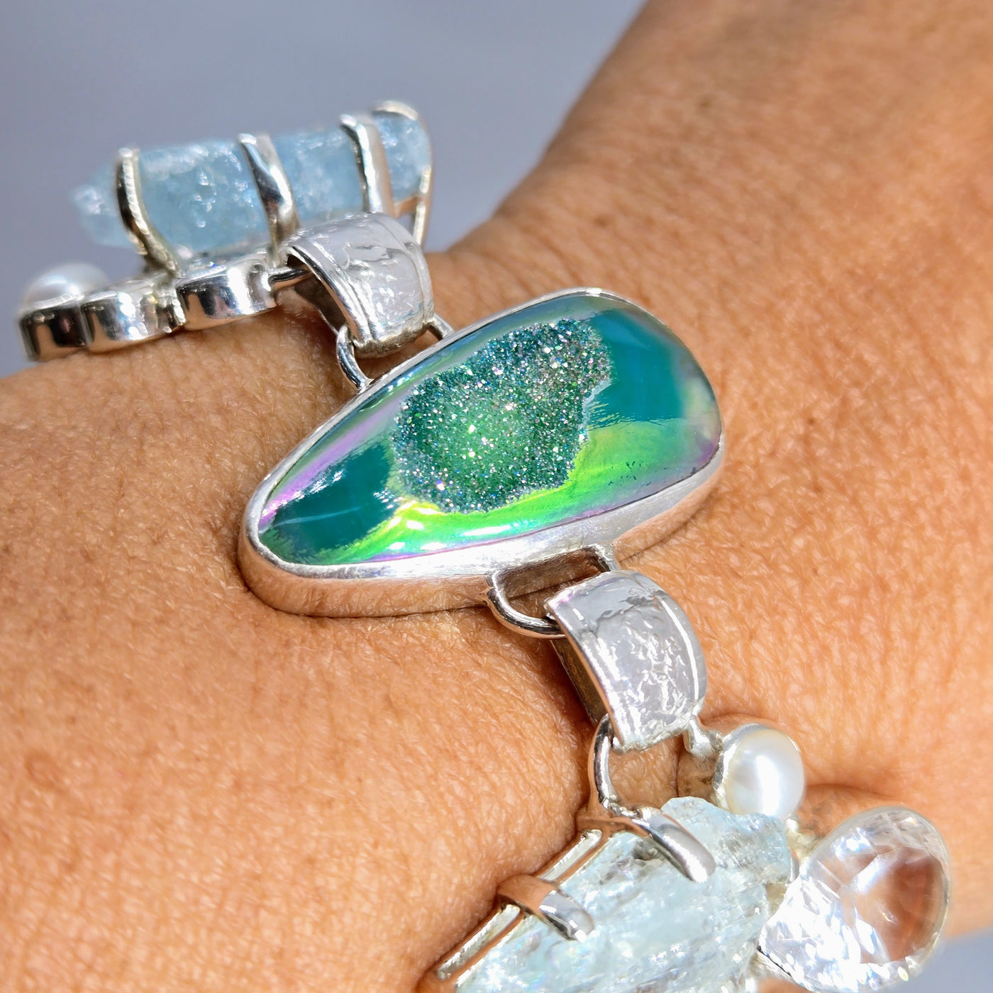 "Tropic Ice" 7" - 8" Bracelet - Druzy, Aquamarine, Topaz, Pearl, Sterling