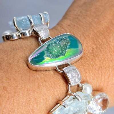"Tropic Ice" 7" - 8" Bracelet - Druzy, Aquamarine, Topaz, Pearl, Sterling