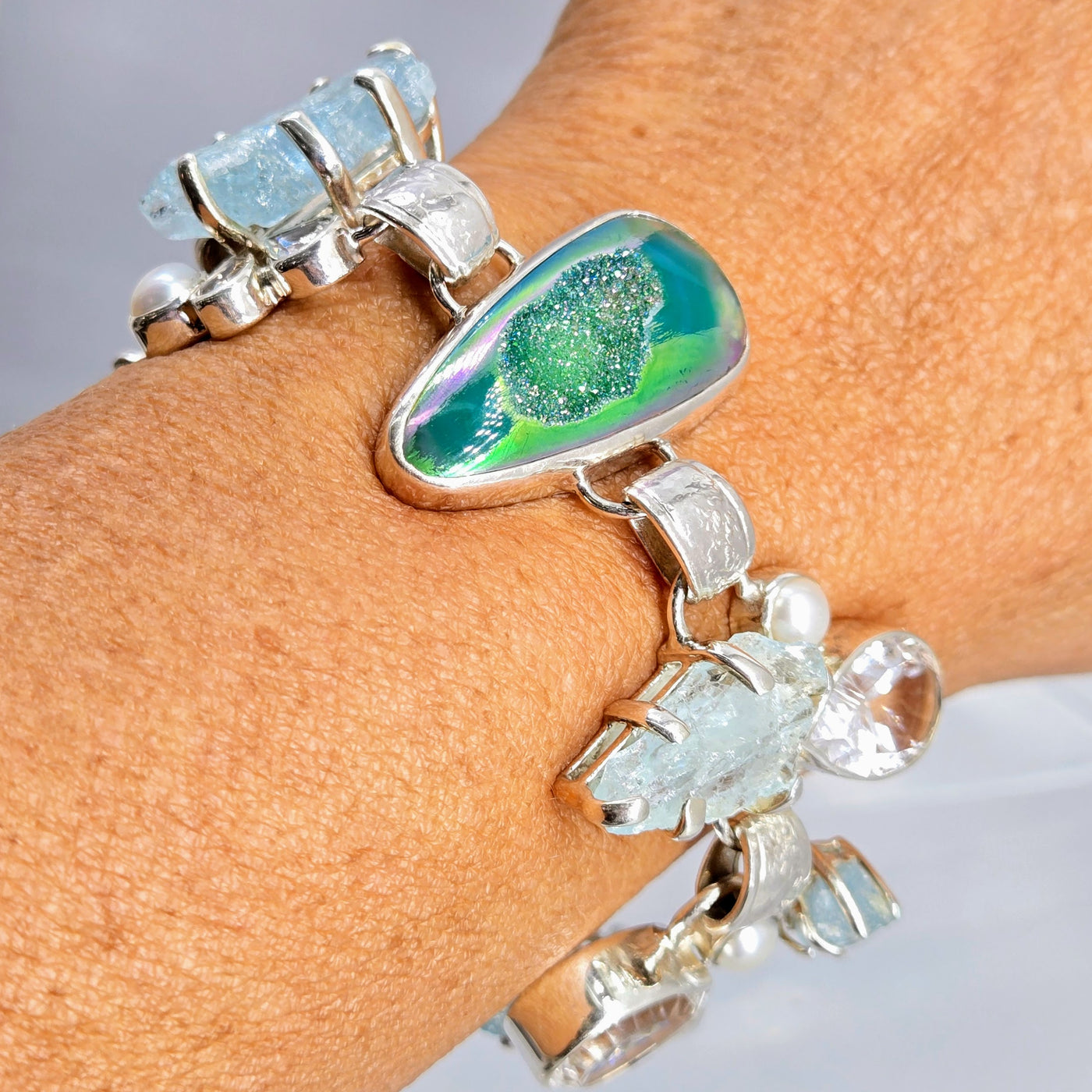 "Tropic Ice" 7" - 8" Bracelet - Druzy, Aquamarine, Topaz, Pearl, Sterling