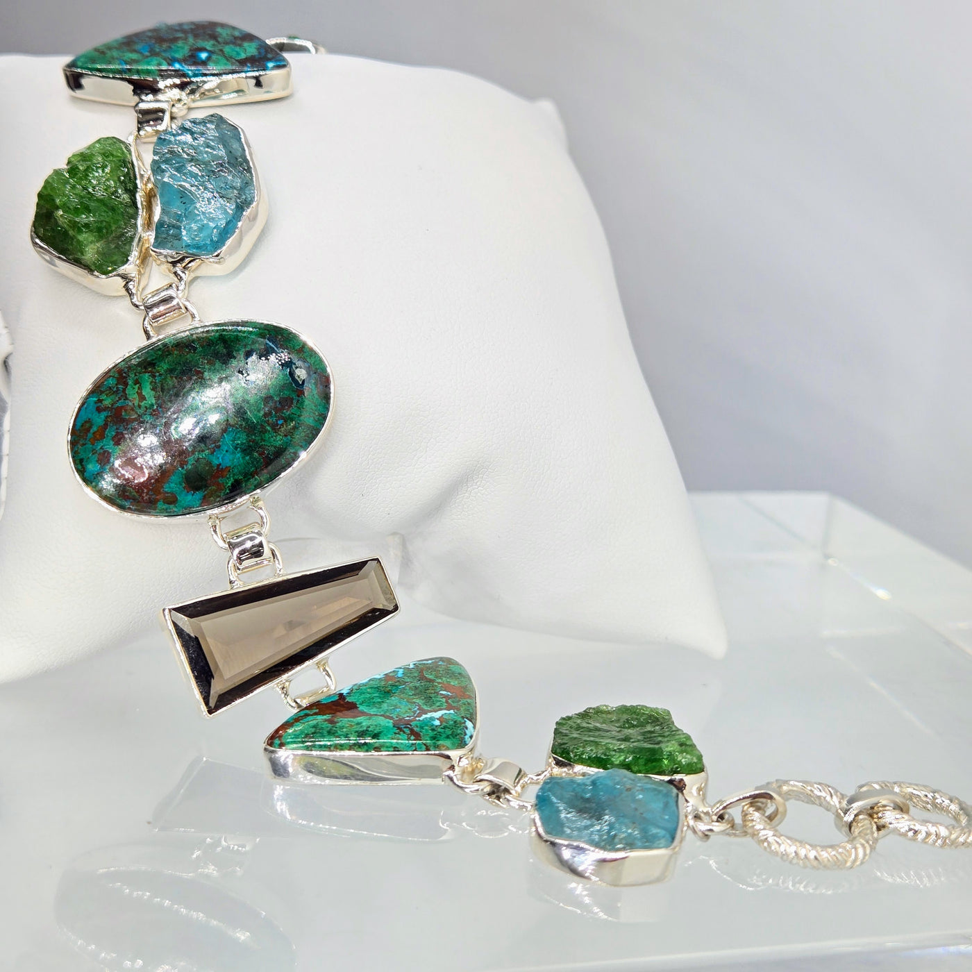 "Green Means GO!" 8" - 8.5" Bracelet - Chrysocolla Malachite, Apatite, Topaz, Quartz, Chrome Diopside, Sterling