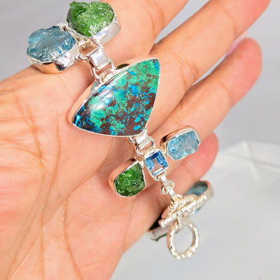 "Green Means GO!" 8" - 8.5" Bracelet - Chrysocolla Malachite, Apatite, Topaz, Quartz, Chrome Diopside, Sterling
