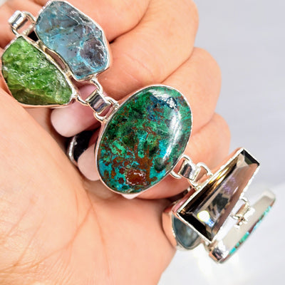 "Green Means GO!" 8" - 8.5" Bracelet - Chrysocolla Malachite, Apatite, Topaz, Quartz, Chrome Diopside, Sterling