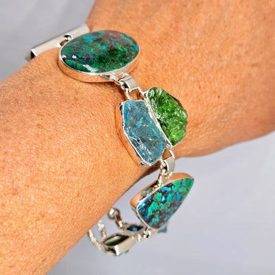 "Green Means GO!" 8" - 8.5" Bracelet - Chrysocolla Malachite, Apatite, Topaz, Quartz, Chrome Diopside, Sterling