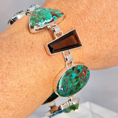 "Green Means GO!" 8" - 8.5" Bracelet - Chrysocolla Malachite, Apatite, Topaz, Quartz, Chrome Diopside, Sterling
