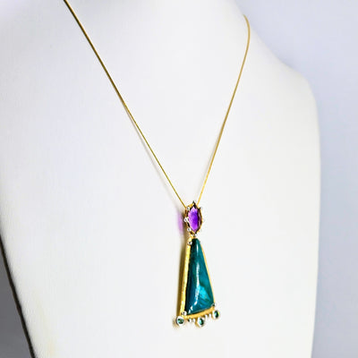 "Happy Dance" Pendant Necklace - Chrysocolla, Amethyst, Tourmaline, 18k Gold Sterling